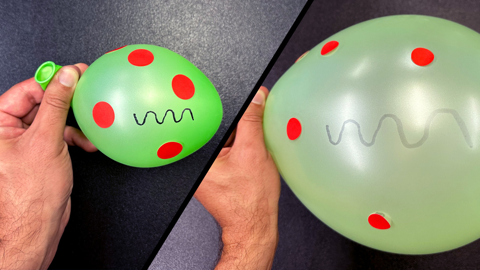 בלון עם נקודות, לפני ואחרי ניפוח